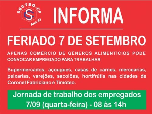 Registro da publicação: Convenção Coletiva autoriza o trabalho dos empregados nas empresas de gêneros alimentícios no feriado do próximo dia 7.