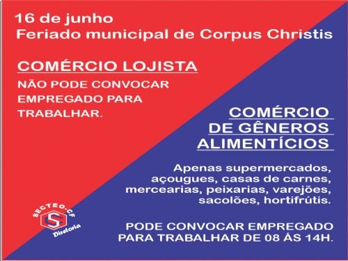 Registro da publicação: Empresas do segmento de gêneros alimentícios pode convocar empregado para trabalhar neste 16/06