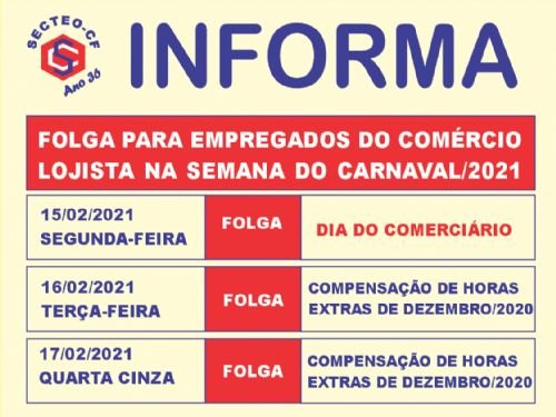 Registro da publicação: SECTEO-CF GARANTIU FOLGA AOS COMERCIÁRIOS NA SEMANA DO CARNAVAL