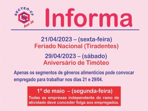 Registro da publicação: Trabalho nos feriados dos dias 21 e 29 de abril